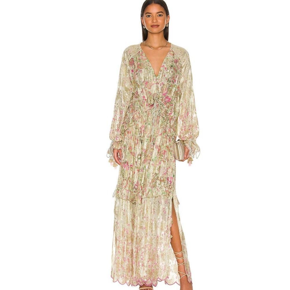 HEMANT AND NANDITA NINA CAFTAN METALLIC RUFFLED MAXI DRESS IN PALE MINT SZ S